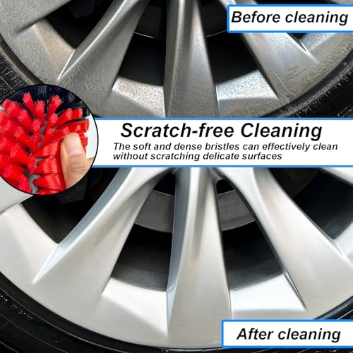 Wheel Brush Kit, Soft Drill Wheel Cleaner Brush, No Scratches Highly Dense Car Cleaning Brush Set for Wheels, Rims, Engines, Exhaust(Red/Black,2Pcs) - view 3