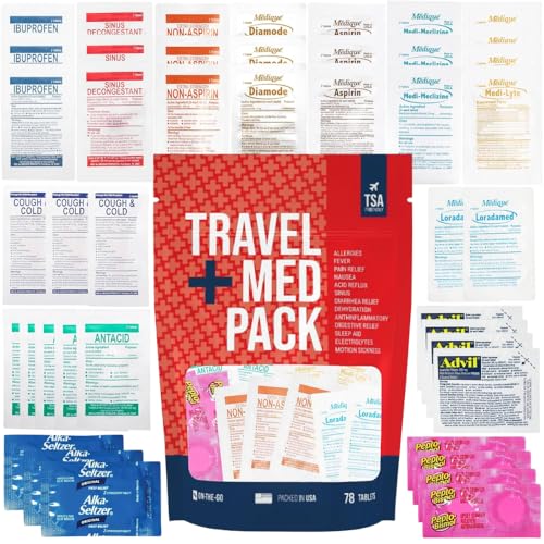 Travel Medicine Kit - 78-Piece TSA-Approved Urgent Care Kit Medication Pack for Flights, Cruises & International Travel | Individually Wrapped OTC Medication Essentials