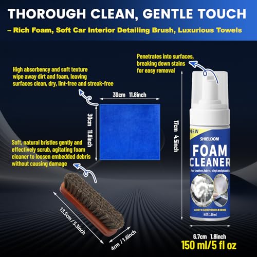 Car Interior Cleaner Multifunctional Foam Cleaner Kit with Detailing Brush & Towel, Deep Stain Clean Auto Seat Carpet Upholstery Safe for Cloth, Leather, Fabric, Vinyl & Plastic, 150ml/5oz - view 5