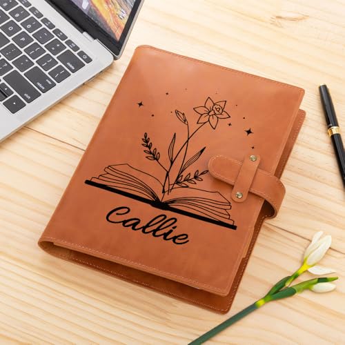 CALLIE Personalized Sketchbook Cover A5 with Storage Pocket | Custom Name on PU Leather Notebooks Cover - Gifts for Teachers Artists Students (Open Book Birth Flower)