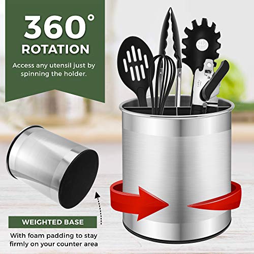 Extra Large Stainless Steel Kitchen Utensil Holder - 360° Rotating Utensil Caddy - Weighted Base for Stability - Countertop Organizer Crock With Removable Divider (Brushed Stainless Steel) - view 3