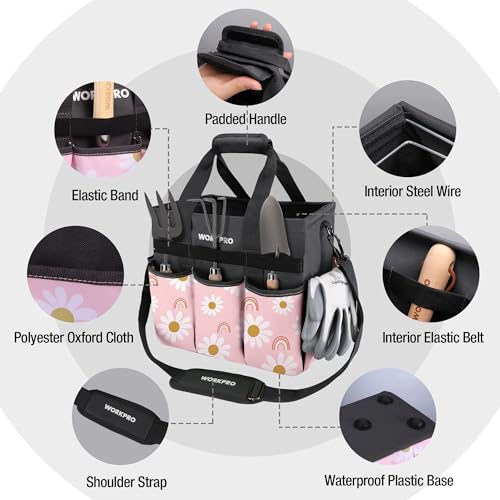 Garden Tool Bag, 10 Pockets and Shoulder Strap, Floral Pink - view 3