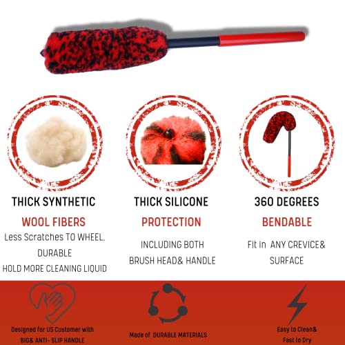 Professional 4 Pack Long Handle Wheel Brush Kit for Cleaning Wheel and Tire- 2X Soft Wheel Cleaning Brush, Detailing Brush and Stiff Tire Brush, Bendable& Durable Wheel Rim Cleaner Brush Set - view 6