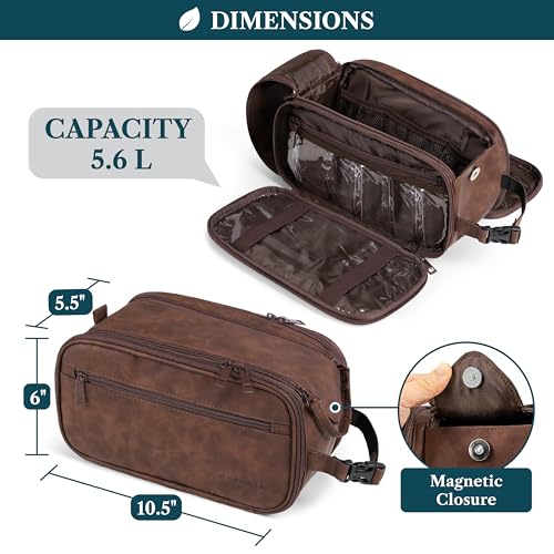 Toiletry Bag for Men, Hanging Travel Dopp Kit Organizer, PU Leather Water Resistant Bathroom Bag for Shaving Grooming, Large Capacity Cosmetic Bag Travel Essentials, Dark Brown - view 3