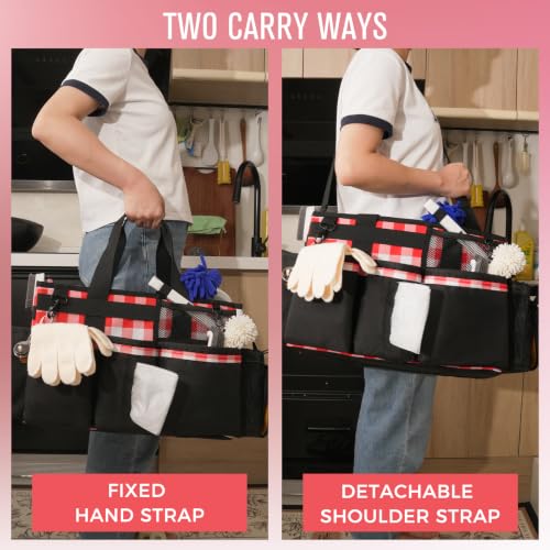 Wearable Cleaning Caddy, Cleaning Caddy Supplies Organizer with Handle & Shoulder Straps for Housekeepers, Under Sink & Car Cleaning Tool Organizers Bag with 4 Foldable Divider (RedPlaid) - view 6