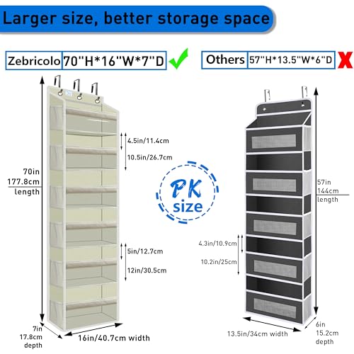 Over the Door Organizer Storage 6 Tier, 12 Large Capacity Side Pockets, Heavy Duty Metal Reinforced Hook Anti Tilt 75 LB Load Behind Door Storage for Bedroom Bathroom Pantry Nursery - view 2