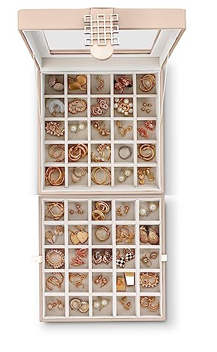 Co Earring Organizer - Classic 50 Section Jewelry Box/Case/Holder for Earrings, Rings, Necklaces, Jewelry, Cufflinks or Collections -2 Layer Small Compartments with Large Glass Top - Sand - view 4