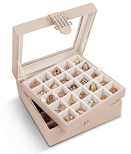 Co Earring Organizer - Classic 50 Section Jewelry Box/Case/Holder for Earrings, Rings, Necklaces, Jewelry, Cufflinks or Collections -2 Layer Small Compartments with Large Glass Top - Sand