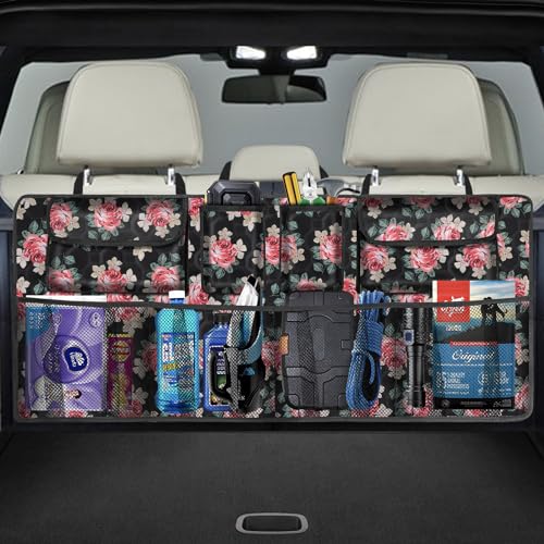 Car Trunk Organizer, Super Capacity Backseat Car Organizer for SUV/Truck/MPV(42"*18"), Hanging Car Storage Organizer with 8 Pocekts, Car Accessories for Women and Men- Floral