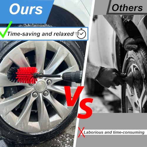 Wheel Brush Kit, Soft Drill Wheel Cleaner Brush, No Scratches Highly Dense Car Cleaning Brush Set for Wheels, Rims, Engines, Exhaust(Red/Black,2Pcs) - view 2