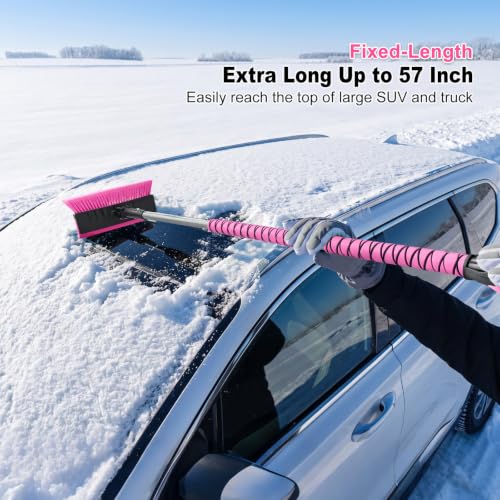 57 Inch Snow Brush & Broom with Ice Scraper for Car Truck Windshield, Pink - view 2