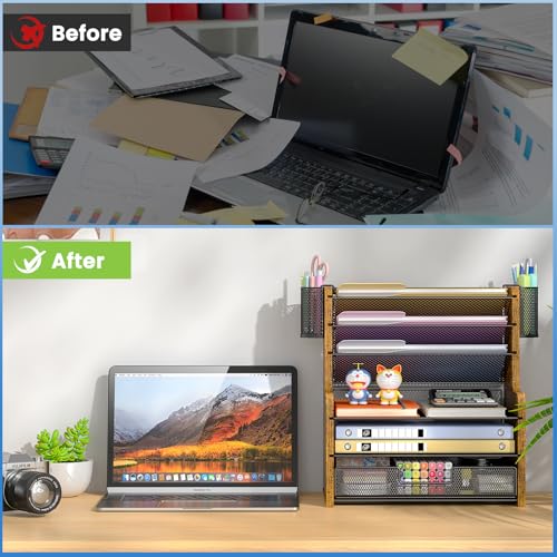 6-Tier Mesh Desk Organizer with Drawer, Wooden Office Organizer for Papers, Folders & Office Supplies - Sturdy Desktop File Holder with 2 Pen Holders - Space Saving Home Office Accessories - view 4