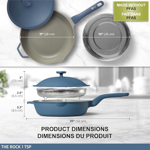 The Rock 1tsp All-in-One 11" (28cm) Deep Ceramic Fry Pan with Lid and Steam Basket, Cast Aluminum Base, PFAS-Free, Induction Ready, Easy to Clean, Blue - view 6