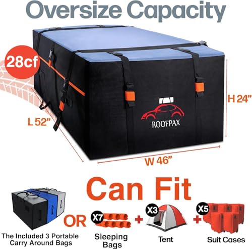 XXL 28 cuft Car Rooftop Cargo Carrier Bag Extra Waterproof Car Roof Storage with 10 Heavy Duty Tie Down Straps and 4 Hooks Roof Bag Cargo Carrier for Top of Vehicle with/Without Rack - view 6