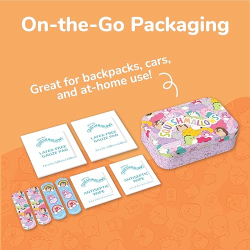 Squishmallow First Aid Kit Travel Essentials with Antiseptic Wipes, Cute Bandage Variety Pack for Kids, Latex-Free Gauze Pads and Bandages in Tin Case, 33PC - view 7
