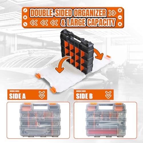 Tool Box with Transparent Lid, Double Side 34-Compartments Organizer Box with Removable Dividers for Hardware, Screws, Bolts, Nails, Beads, Jewelry and Fishing Accessories, Orange, 4 Pack - view 6