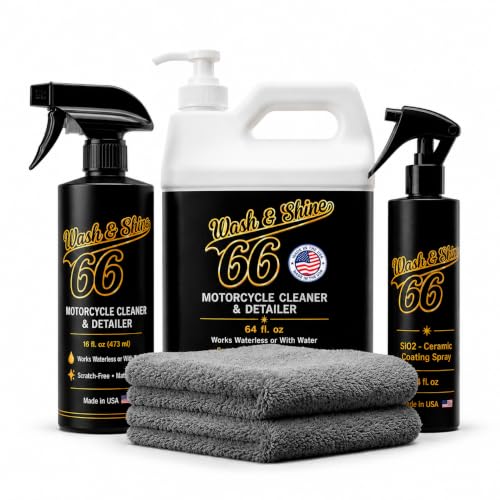 Wash&Shine 66 Pro System Motorcycle & Car Cleaning Kit - Waterless or Wet Wash for Bikes, Cars & RVs,16 oz Cleaner + 64 oz Refill Jug, NanoGloss Shield SiO₂ Ceramic Spray, 2 Microfiber Towels.
