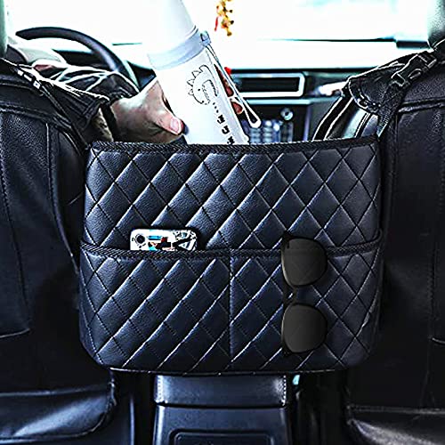 Car Seat Storage Bag - Upgrade-Black PU Leather Caddy Organizer for Additional Storage, Easy Installation, Safe Driving, Pet Barrier & Compatible with Most Front Opening Armrest Boxes