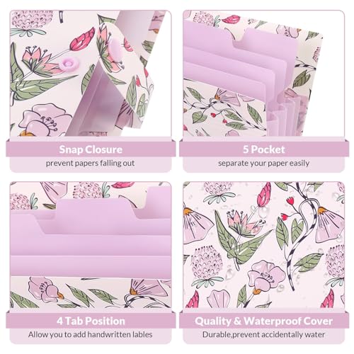 Accordion File Organizer, Floral Expanding File Folders with 5 Pockets, Cute Document Organizer for Paper Bills Receipt Storage, School Office & Hospital Supplies Letter/A4 Size Light Purple - view 4