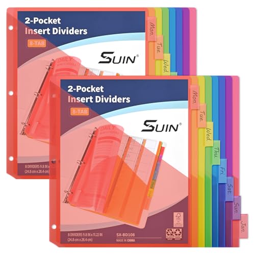 8-Tab Insertable Binder Dividers with Double Pockets - Translucent Plastic Page Separators for 3 Ring Binder, Front & Back Storage, Durable Poly, Letter Size, Rainbow Colors, 2-Pack