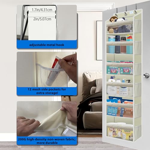Over the Door Organizer Storage 6 Tier, 12 Large Capacity Side Pockets, Heavy Duty Metal Reinforced Hook Anti Tilt 75 LB Load Behind Door Storage for Bedroom Bathroom Pantry Nursery - view 3