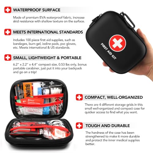 Mini First Aid Kit, 100 Pieces Water-Resistant Hard Shell Small Case - Perfect for Travel, Outdoor, Home, Office, Camping, Hiking, Car (Black) - view 5