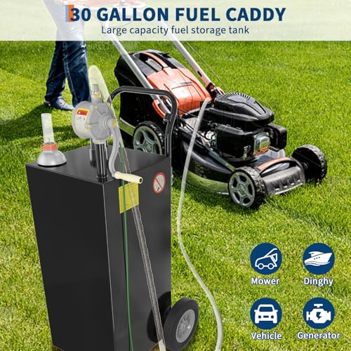 30 Gallon Fuel Caddy, Portable Gas Caddy, Transfer Fluid Diesel Gasoline Storage Tank Container with Fuel Transfer Rotary Hand Pump/Wheels for Boat ATV Car Motorcycle, Black - view 4