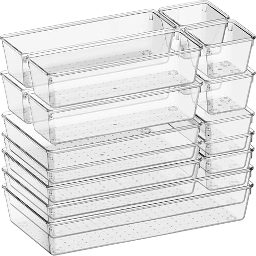 16 Pack Large Clear Plastic Drawer Organizer Bins - 5 Size Acrylic Bathroom and Vanity Organizers and Storage Trays for Makeup Office Home, Kitchen Drawer Organizer for Utensils, Gadgets
