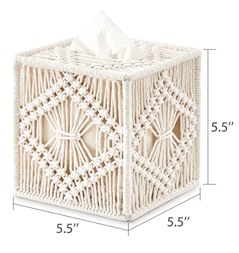 Tissue Box Cover Square, Boho Macrame Decor Open-Bottom Holder, Ivory - view 5