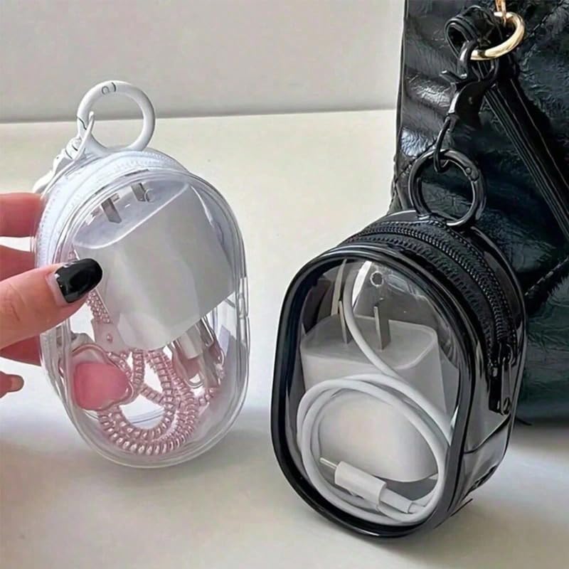 2pcs ​Portable Mini Zipper Storage Pouch Dual-Color - Transparent And Black Case for Headphones, Charger, Keys with Keychain Clip, Travel Makeup Organizer for Small Items​, WhiteBlack