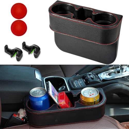 Car Seat Seam Wedge Storage Leather Organizer Cup Holder Coin Side Pocket Console Cover Drink Cell Mobile Phone Mount Stand Holder Glove Box w/2Pcs Car Seat Hook + 2Pcs Cup Holder Coaster