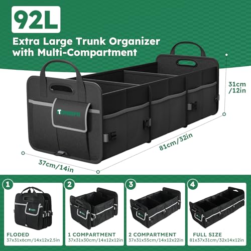 Heavy-Duty Trunk Organizer & Multi-Compartment Storage Box for SUV/Sedan/Minivan,600D Waterproof Oxford,2 Securing Hooks & Reflective Strips-Large Capacity Organiser(92L) - view 3