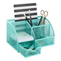 Aqua Desk Organizer | Metal Turquoise Stationery Holder With Drawer and Compartments | Desktop Storage for School, Bedroom, Locker and Home | 5.5”D x 8.6”W x 5”H Accessory Caddy
