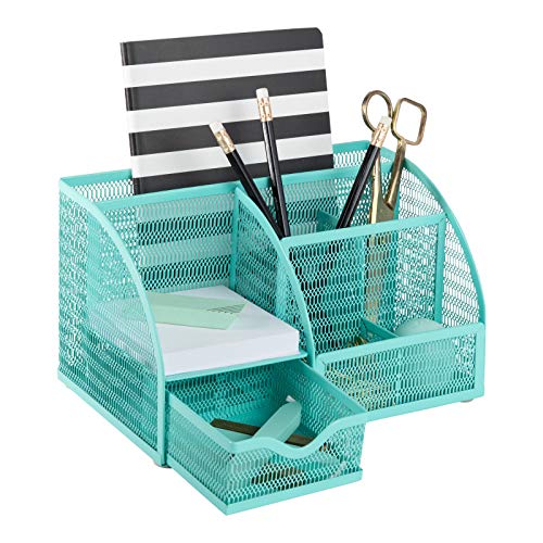 Aqua Desk Organizer | Metal Turquoise Stationery Holder With Drawer and Compartments | Desktop Storage for School, Bedroom, Locker and Home | 5.5”D x 8.6”W x 5”H Accessory Caddy