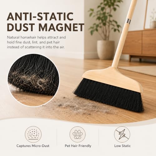 Horsehair Broom for Hardwood Floors, Soft Bristle Indoor Sweeping Brush with Pine Wood Head, Anti-Static Dust Remover for Home Kitchen, 37 Inch Wood Long Handl - view 4