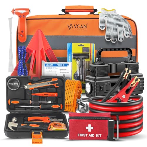 Car Emergency Kit with Portable Air Compressor, First Aid Kit, Jumper Cables, Roadside Safety Emergency Tool Kit for Women, Men, Teen
