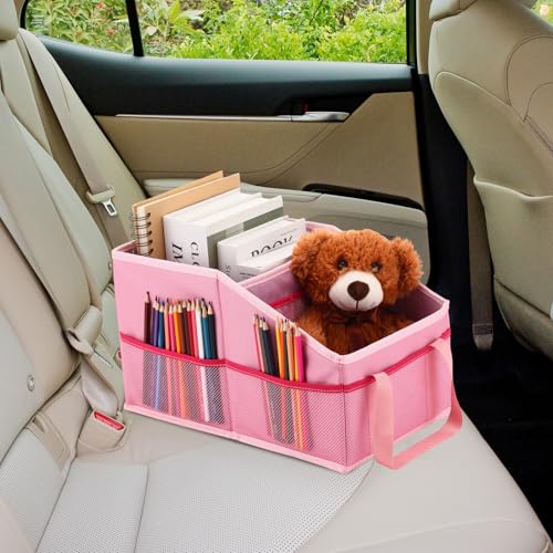Passenger Seat Organizer, Collapsible Car Storage for Console Front/back Seat with Multi-pockets Car Caddy Organizer Suv Truck for Kids Adults Accessories(Pink,2 Compartments)