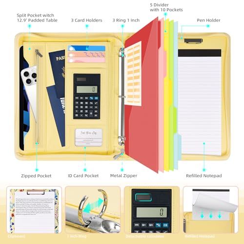 Leather Clipboard Binder with Storage - 3 Ring Zippered Padfolio Portfolio Folder - Calculator, 12.1” Tablet Sleeve, 5 Dividers with Pocket, Refillable Notepad, Card Slot (Floral) - view 3