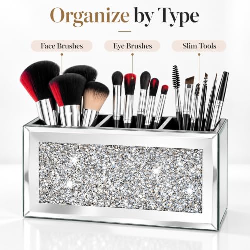 Mirrored Makeup Brush Holder Organizer with Crushed Diamond, 3 Slots - view 6