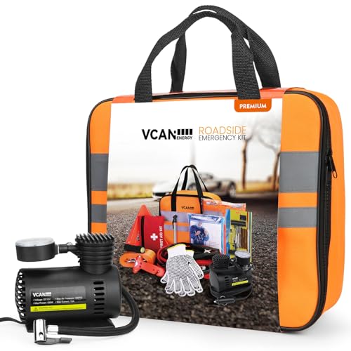 Car Emergency Safety Kit Bag with Portable Air Compressor, Jumper Cables,First Aid Kit, Tire Pressure Gauge, Auto Vehicle Safety Road Side Assistance Kits Essentials,for Women, Men, Teen