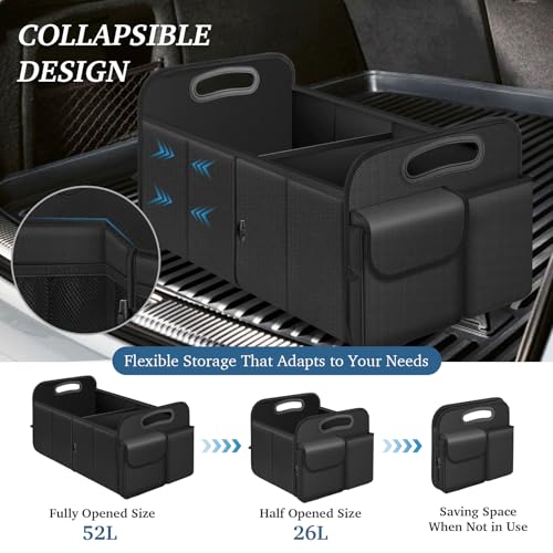 Trunk Organizer, Collapsible Waterproof car Trunk Organizer for SUVs & Sedans, Car Storage Organizers with Reinforced Handles, Car Accessories for Women and Men, 2 Compartments, 52L, Black - view 3