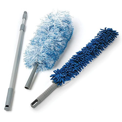 Dual-Action Microfiber Duster Set w/Telescopic Handle | Long, Adjustable Handle Extends 24-49" | Includes Microfiber & Chenille Duster Heads