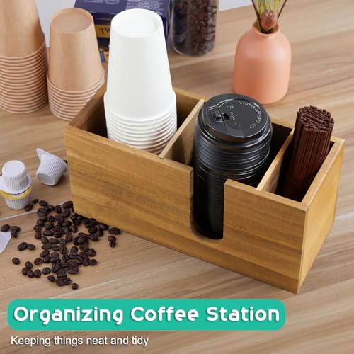 Large Acacia Wood Coffee Cup Organizer for Disposable Cups, Lids and Stir Sticks - 3-Compartment Countertop Cup Holder Storage Rack for Coffee Station, Kitchen, Office - view 3