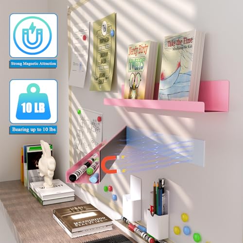 2-Pack Metal Magnetic Book Shelf: Modern Industrial Style, 2 Shelves with 2 Pen Holders, 10 lbs Capacity, Magnetic Shelf for Whiteboard, Classroom & Office Book File Display Rack (Pink) - view 2