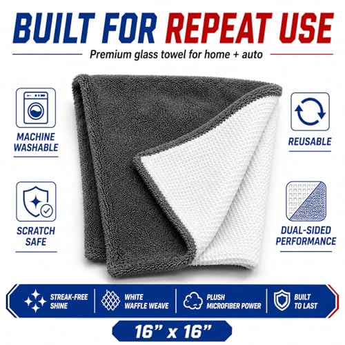 Hybrid Glass Microfiber Towel – Waffle Weave & Plush Dual Action Cleaning Cloth – Streak-Free Window and Surface Drying Towel – Professional Grade -16x16-1000 GSM 2-Pack - view 2