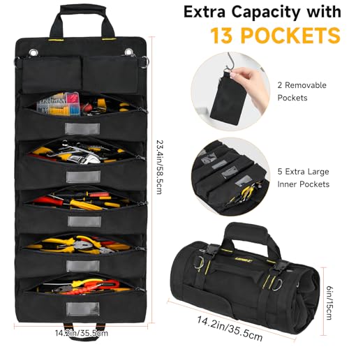 Tool Bag,Large Roll Up Tool Bag Organizer,13 Pockets Tool Roll Storage Pouch,Heavy Duty Portable Tool Storage Carrier Bag for Men,Mechanic,Electrician,Valentines Day Gifts for Men,Black - view 2