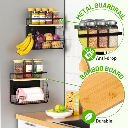 Magnetic Shelf for Fridge with Wood Lid, Fruit Potato and Onion Storage Bins, Pantry Organizers & Storage, Large Container Magnetic Spice Rack for Refrigerator, Kitchen Counter (Black, 2) - view 3