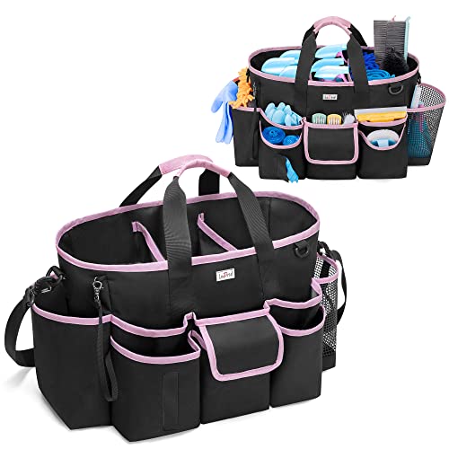 Cleaning Caddy Bag with 3 Compartments and Shoulder Strap, Pink Edge