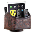 Antique Leather Remote Control Holder, 360 Degree Spinning Desk TV Remote Caddy/Box, Bedside Table Organizer for Controller, Media, Calculator, Mobile Phone and Pen Storage