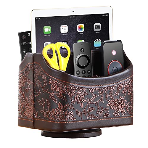 Antique Leather Remote Control Holder, 360 Degree Spinning Desk TV Remote Caddy/Box, Bedside Table Organizer for Controller, Media, Calculator, Mobile Phone and Pen Storage